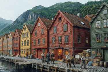 Render illustration of historic Hanseatic timber merchant wharf buildings in Bergen