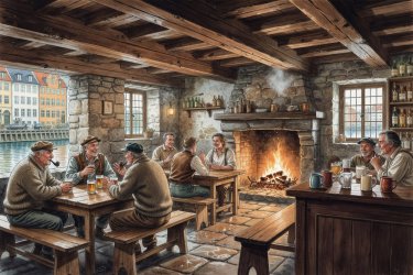 Render illustration of classic Nyhavn canal townhouse cellar with timber beams