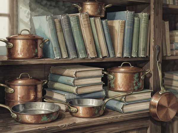 Render illustration of vintage Nordic cookbook volumes and copper pots