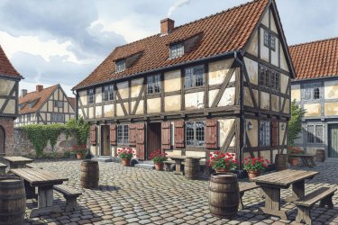 Render illustration of half-timbered Danish inn courtyard with cobblestones