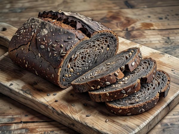 Render illustration of seeded dark Danish sourdough rye bread loaf sliced on a cutting board
