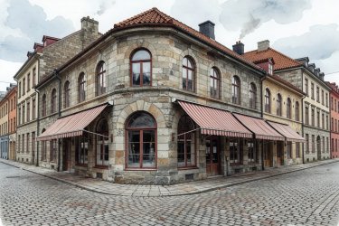 Render illustration of a historic corner restaurant in Oslo with arched windows and vintage awnings