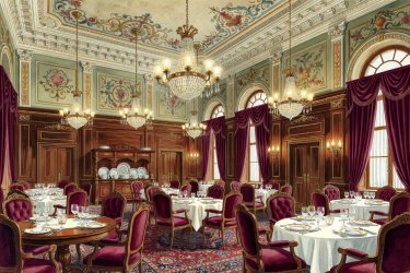 Render illustration of a grand Victorian dining room with high painted ceilings and chandeliers