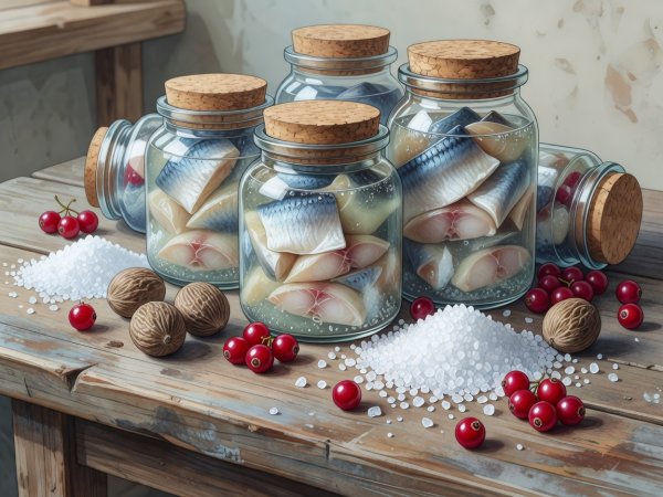 Render illustration of pickled herring jars, whole nutmeg, sea salt crystals, and lingonberries