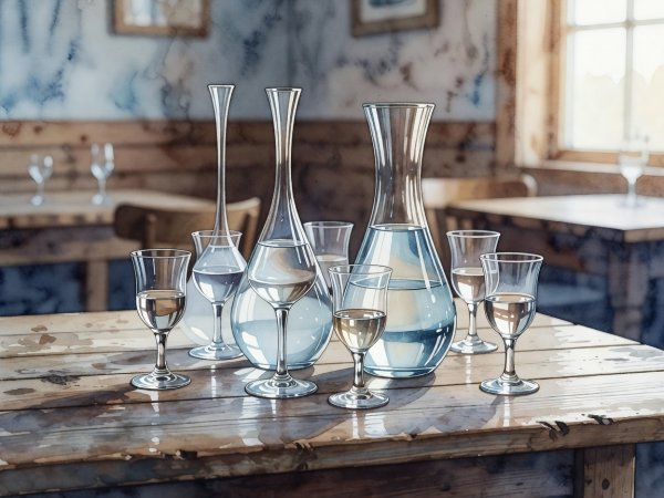 Render illustration of stemmed glass carafes and aquavit glasses on a wooden table