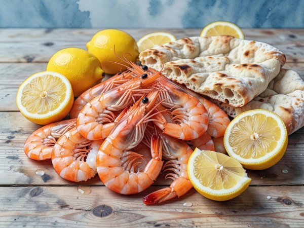 Render illustration of boiled Arctic prawns, lemon halves, and rustic flatbread