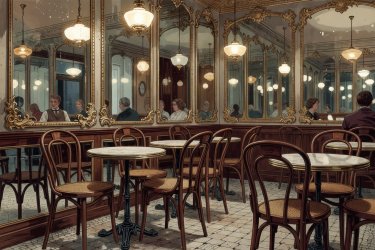 Render illustration of an antique European bistro with mirrored walls and bentwood chairs