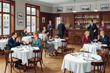 Render illustration of a mid-century Gothenburg restaurant salon with white table linens