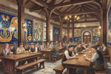 Render illustration of a high-ceilinged Swedish beer hall with Art Nouveau tile accents