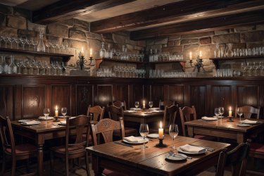 Render illustration of a historic basement dining cellar with dark wood wainscoting and glassware