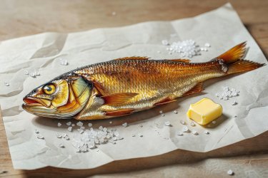 Render illustration of golden smoked fish on paper with sea salt and butter