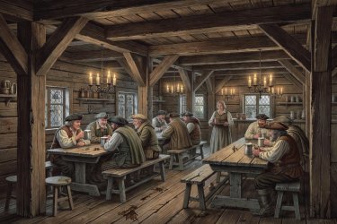 Render illustration of a 1700s timbered tavern dining room with wood post framing