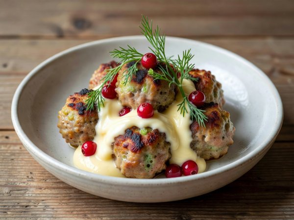 Render illustration of Swedish meatballs with butter puree, lingonberries, and fresh dill sprigs