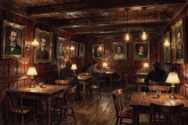 Render illustration of an intimate dark-wood tavern with vintage portraits and warm lamps