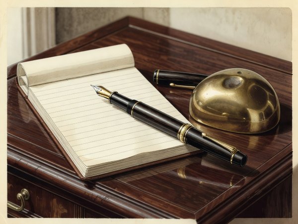 Render illustration of classic fountain pen, notepad, and brass paperweight